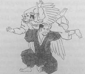 Technique supposée de Yoshin ryu, démontrée par des Tengu. Source : Classical fighting arts of Japan, de Serge Mol